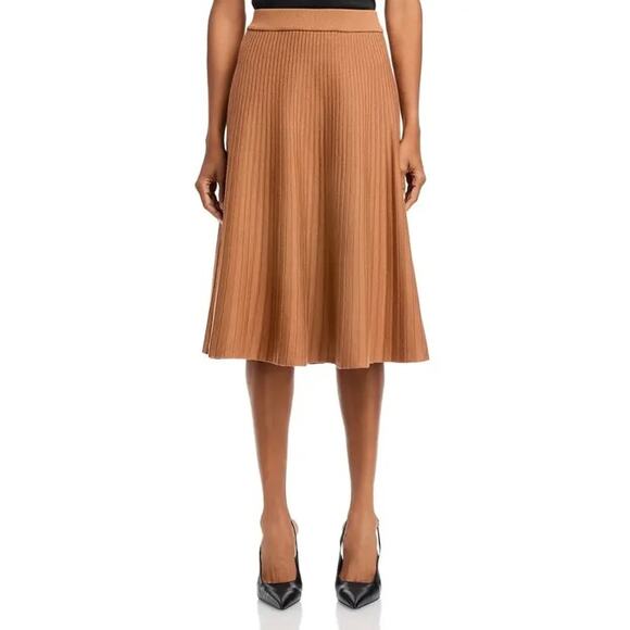 Nancy Yang Women Brown Rib Knit Cotton/Viscose Elegant A-line Midi Skirt Size L - Picture 3 of 6